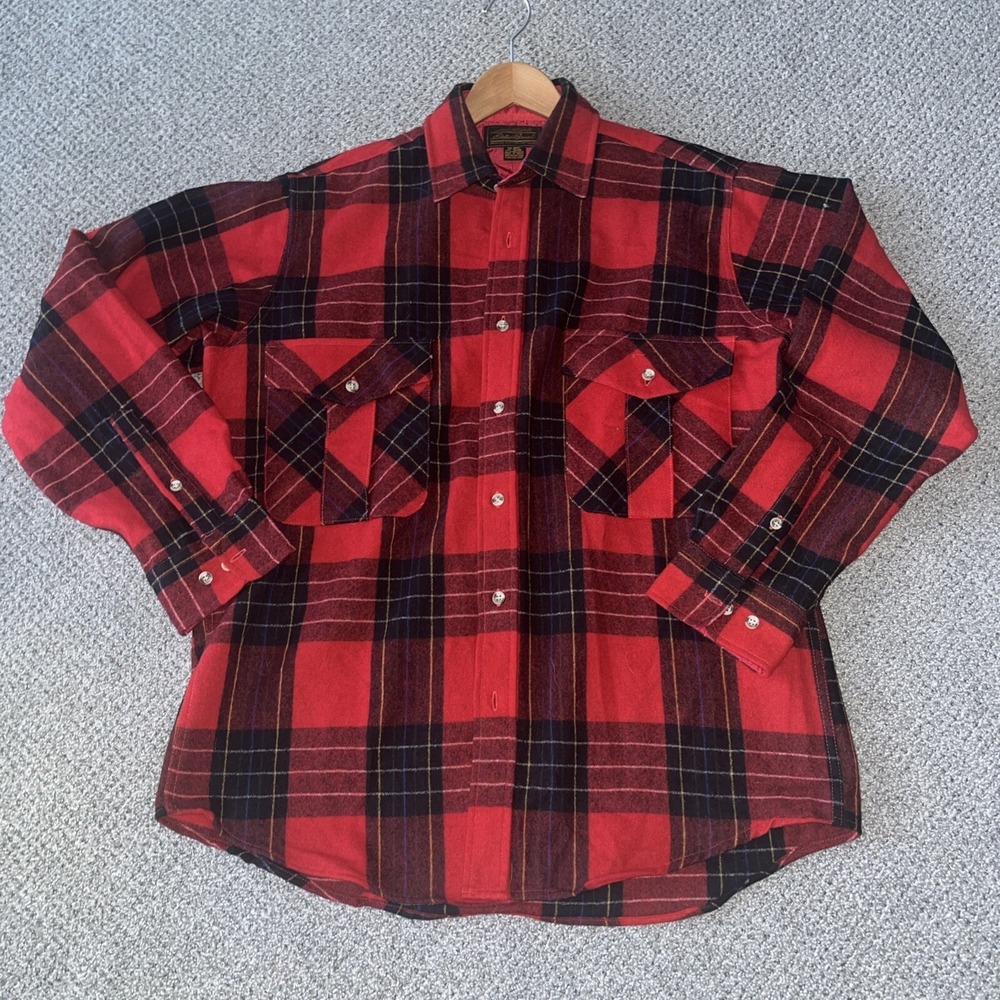 Men's Vintage Eddie Bauer Wool Buffalo Plaid Red, Heavy Button Up Shirt. Large